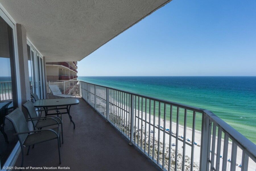 patio view at a Panama City beach vacation rental, overlooking blue waters