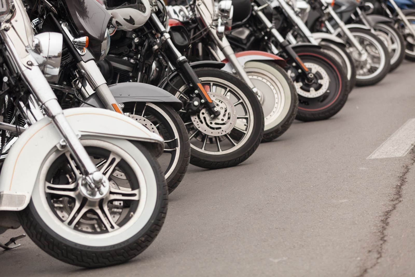 Wheels of motorcycles in line